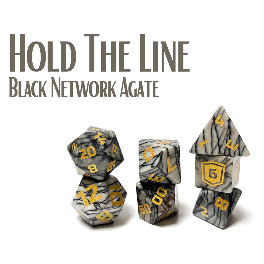 Hold The Line - Black Network Agate - Polyhedral Dice Set (7) - Level Up Dice