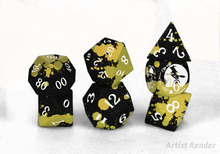 Load image into Gallery viewer, Witch - Yellow/Black Aluminium - Polyhedral Dice Set (7) - Level Up Dice
