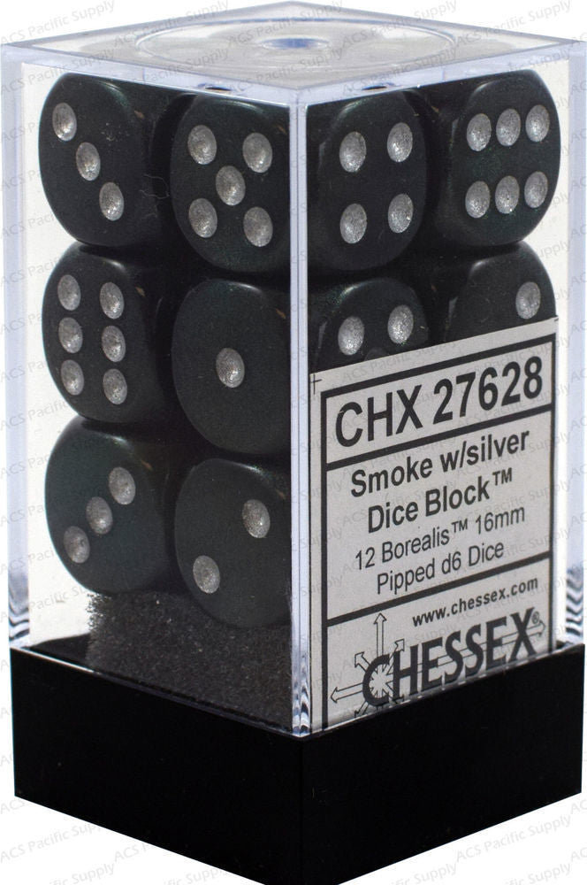 Borealis Smoke w/Silver - 16mm d6 Dice Block (12) - Chessex