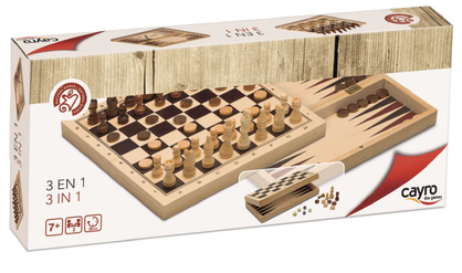 Cayro - 3 in 1 Chess Checkers & Backgammon - Wood, Folding