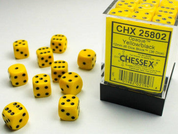 Opaque Yellow w/Black - 12mm d6 Dice Block (36) - Chessex