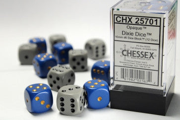 Dixie Blue w/Yellow (6) Dark Grey w/Black (6) - 16mm d6 Dice Block (12) - Chessex