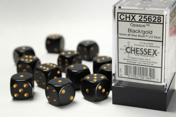 Opaque Black w/Gold - 16mm d6 Dice Block (12) - Chessex