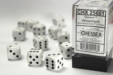 Opaque White w/Black - 16mm d6 Dice Block (12) - Chessex