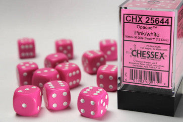 Opaque Pink w/White - 16mm d6 Dice Block (12) - Chessex