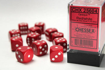 Opaque Red w/White - 16mm d6 Dice Block (12) - Chessex