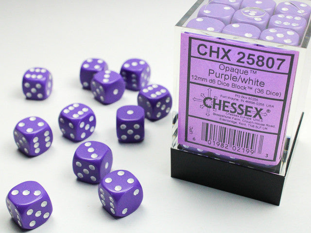 Opaque Purple w/White - 12mm d6 Dice Block (36) - Chessex