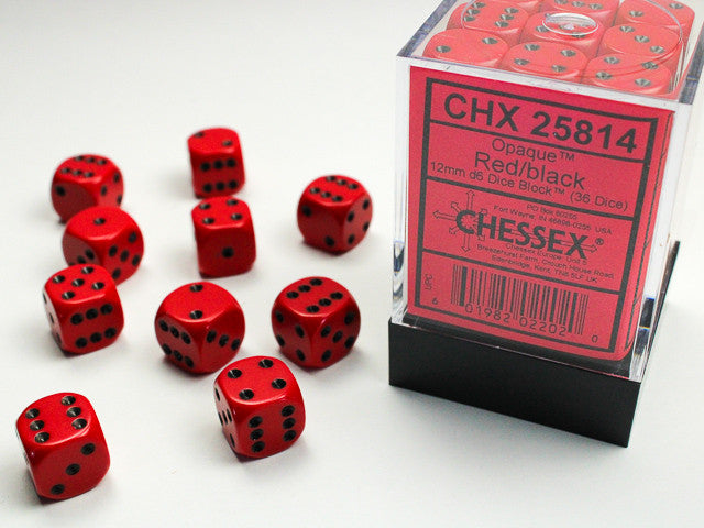 Opaque Red w/Black - 12mm d6 Dice Block (36) - Chessex