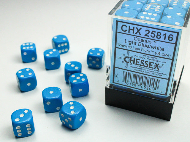 Opaque Light Blue w/White - 12mm d6 Dice Block (36) - Chessex