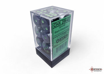 Gemini Black Grey w/Green - 16mm d6 Dice Block (12) - Chessex
