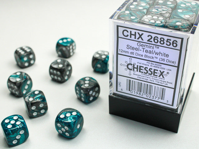 Gemini Steel Teal w/White - 12mm d6 Dice Block (36) - Chessex