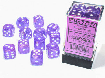 Borealis Purple w/White (Luminary) - 16mm d6 Dice Block (12) - Chessex