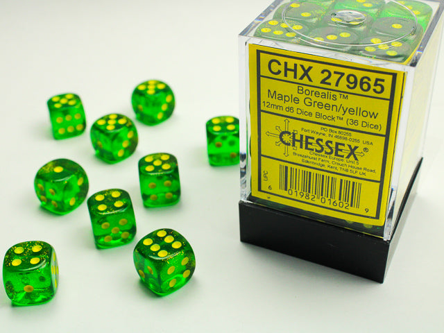 Borealis Maple Green w/Yellow - 12mm d6 Dice Block (36) - Chessex