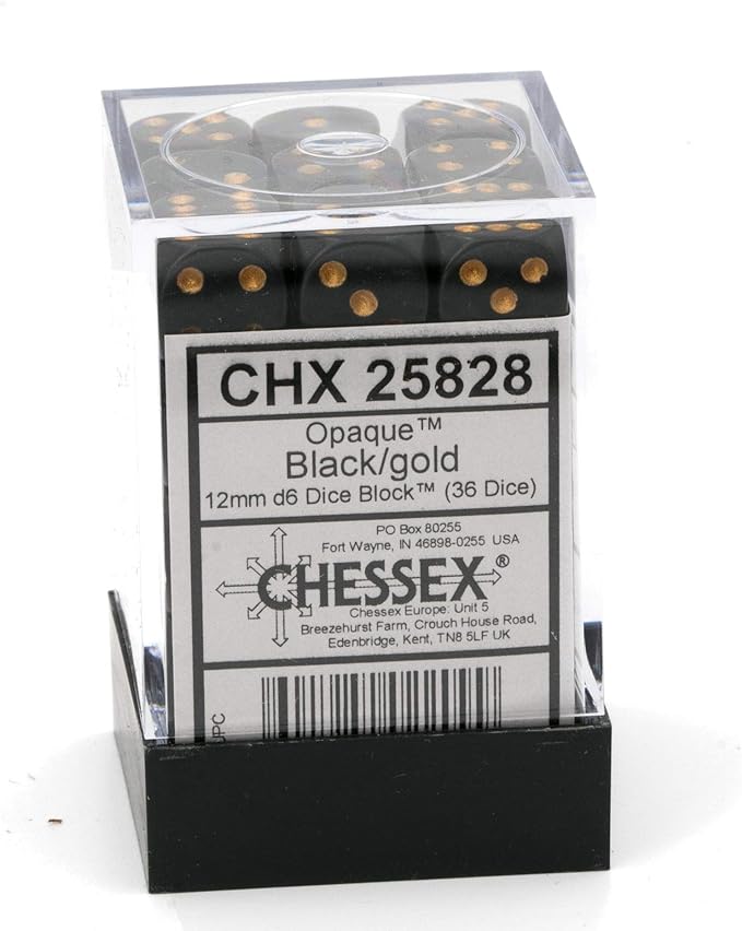 Opaque Black w/gold - 12mm d6 Dice Block (36) - Chessex