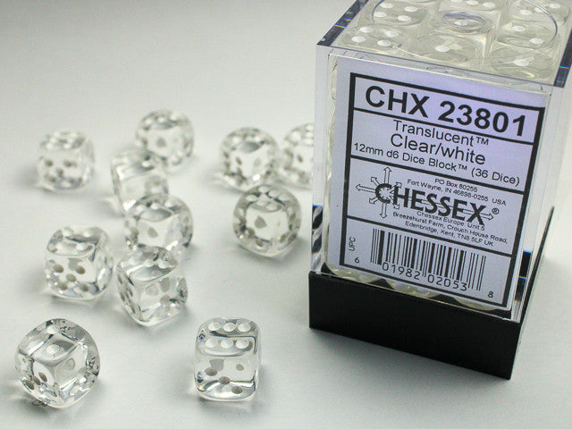 Gemini Translucent Clear w/White - 12mm d6 Dice Block (36) - Chessex