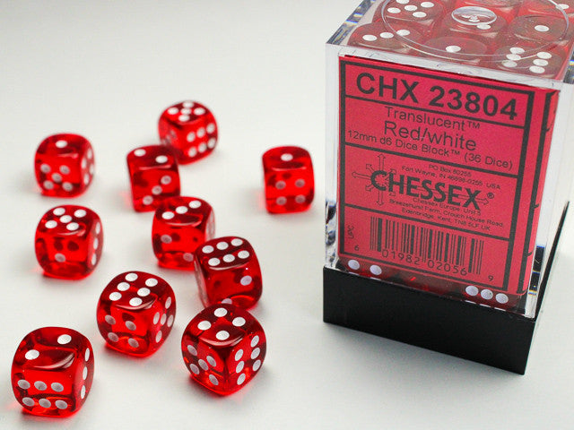 Gemini Translucent Red w/White - 12mm d6 Dice Block (36) - Chessex