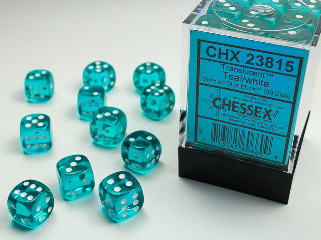 Gemini Translucent Teal w/White - 12mm d6 Dice Block (36) - Chessex