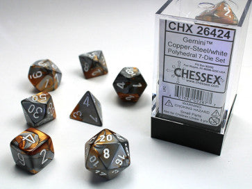 Gemini Copper Steel w/White - Polyhedral Dice Set (7) - Chessex
