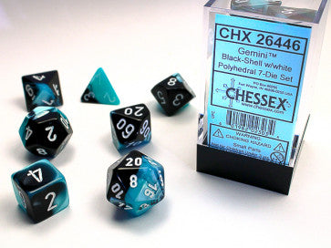 Gemini Black Shell w/White - Polyhedral Dice Set (7) - Chessex