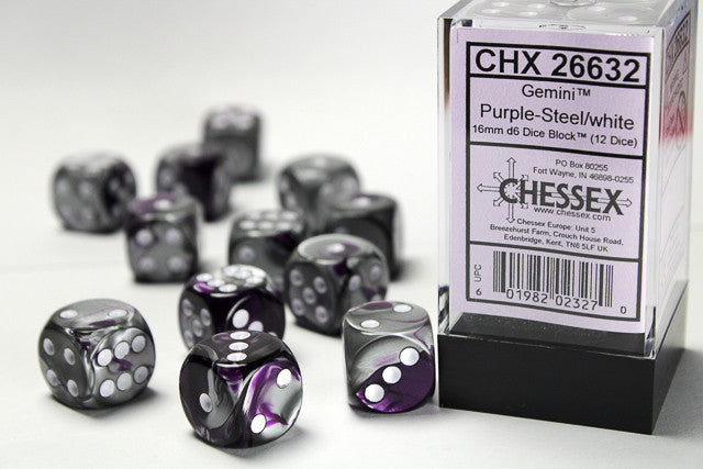 Gemini Purple Steel w/White - 16mm d6 Dice Block (12) - Chessex