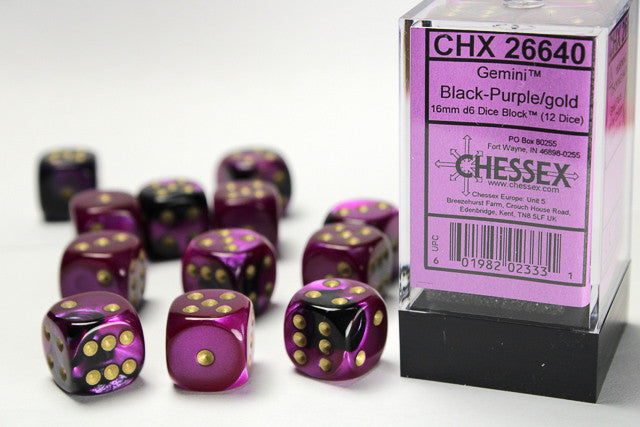 Gemini Black Purple w/Gold - 16mm d6 Dice Block (12) - Chessex