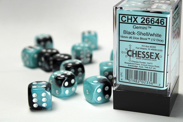 Gemini Black Shell w/White - 16mm d6 Dice Block (12) - Chessex