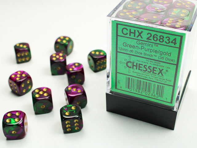 Gemini Green Purple w/Gold - 12mm d6 Dice Block (36) - Chessex