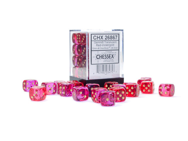 Gemini Translucent Red Violet w/Gold - 12mm d6 Dice Block (36) - Chessex