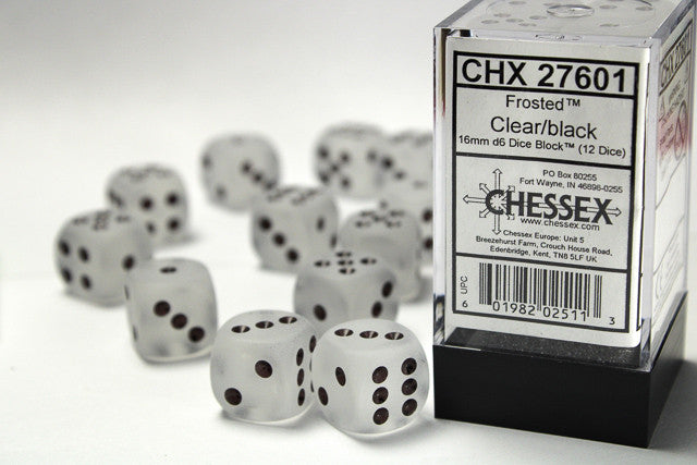 Frosted Clear w/Black - 16mm d6 Dice Block (12) - Chessex