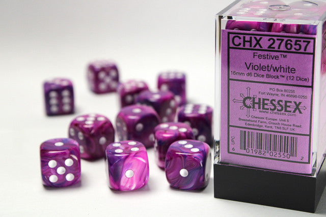 Festive Violet w/White - 16mm d6 Dice Block (12) - Chessex
