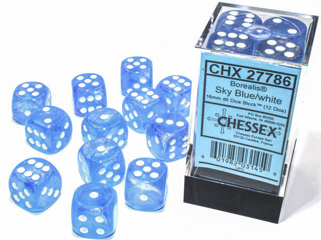 Borealis Sky Blue w/White (Luminary) - 16mm d6 Dice Block (12) - Chessex