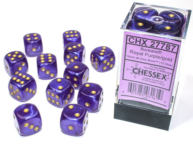 Borealis Royal Purple w/Gold (Luminary) - 16mm d6 Dice Block (12) - Chessex