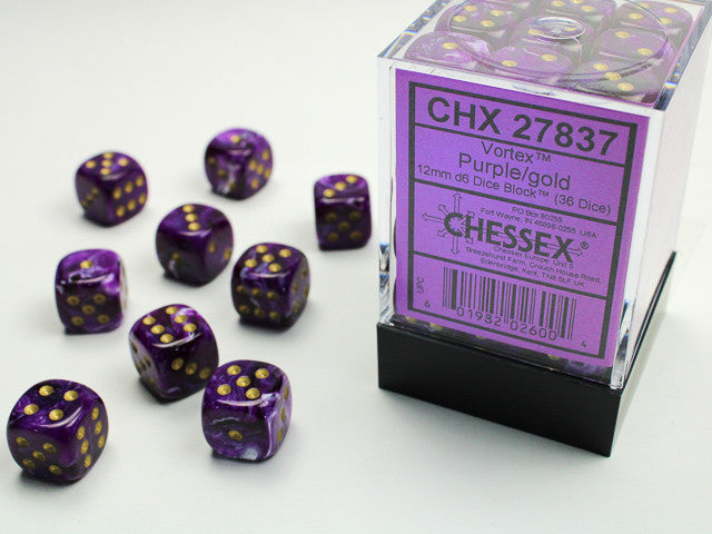 Vortex Purple w/Gold - 12mm d6 Dice Block (36) - Chessex