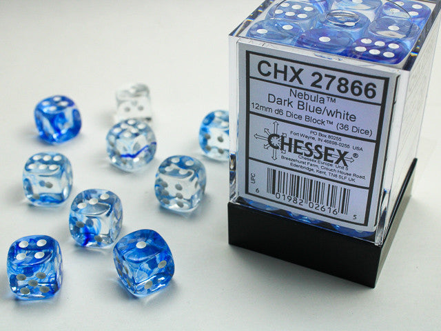 Nebula Dark Blue w/White - 12mm d6 Dice Block (36) - Chessex