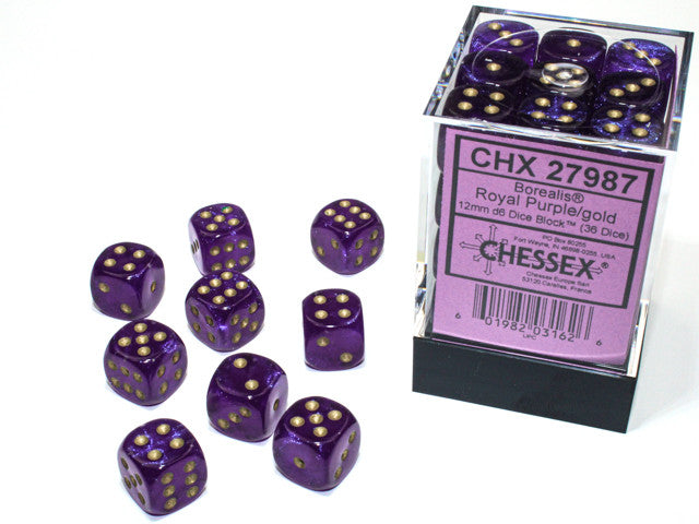Borealis Royal Purple w/Gold (Luminary) - 12mm d6 Dice Block (36) - Chessex