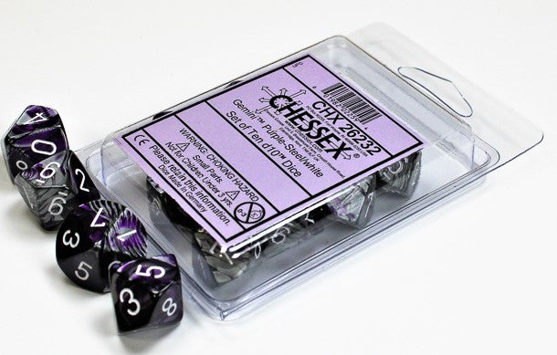Gemini Purple Steel w/White - d10 Dice Set (10) - Chessex