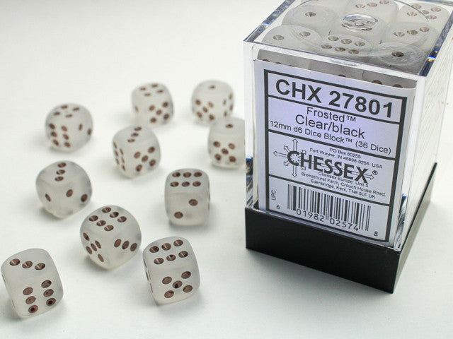 Frosted Clear w/Black - 12mm d6 Dice Block (36) - Chessex