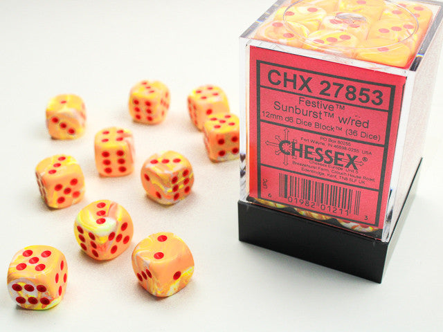 Festive Sunburst w/Red - 12mm d6 Dice Block (36) - Chessex