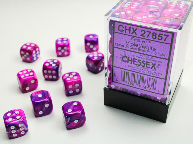 Festive Violet w/White - 12mm d6 Dice Block (36) - Chessex