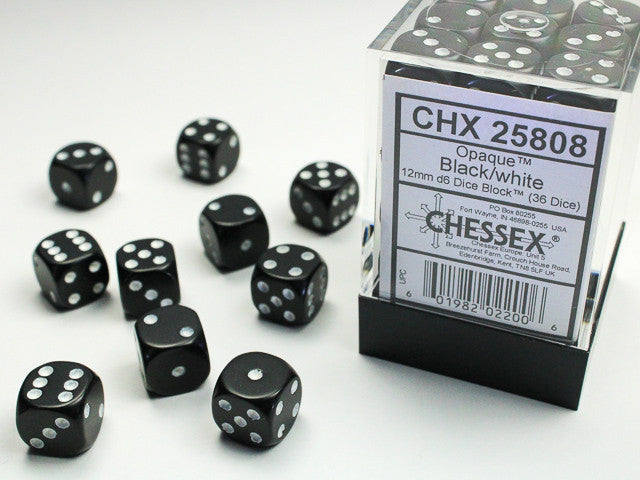Opaque Black w/White - 12mm d6 Dice Block (36) - Chessex