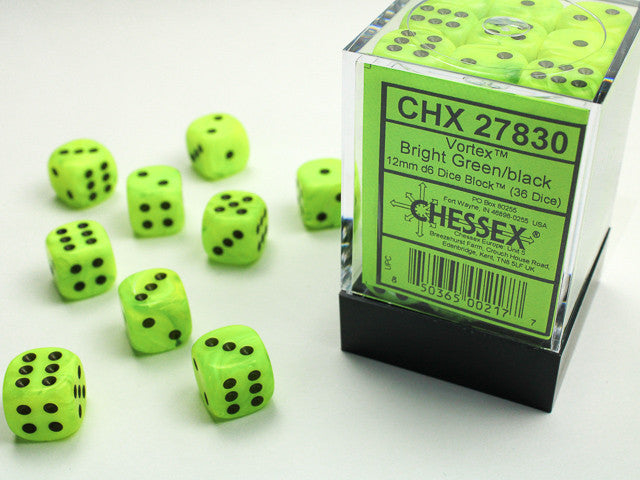 Vortex Bright Green w/Black - 12mm d6 Dice Block (36) - Chessex