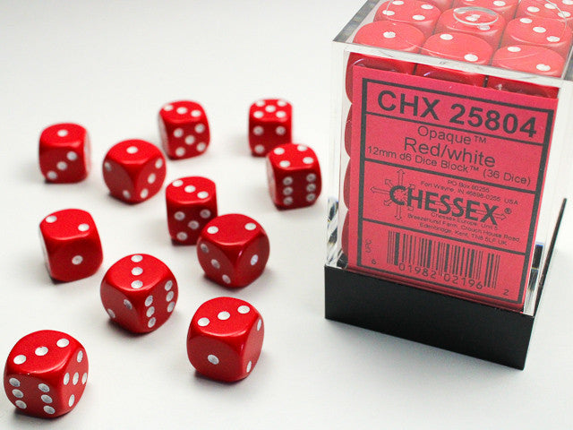 Opaque Red w/White - 12mm d6 Dice Block (36) - Chessex