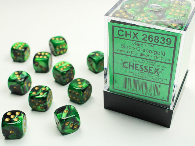 Gemini Black Green w/Gold - 12mm d6 Dice Block (36) - Chessex