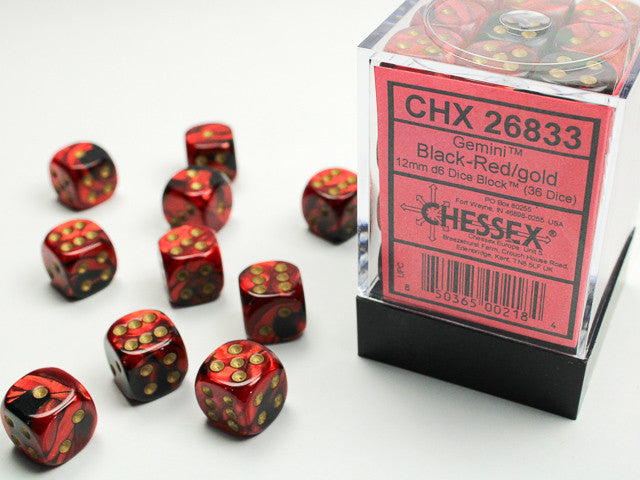 Gemini Black Red w/Gold - 12mm d6 Dice Block (36) - Chessex