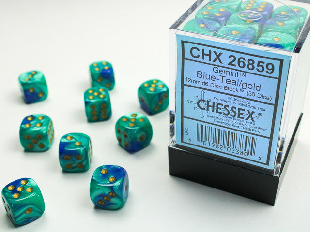 Gemini Blue Teal w/Gold - 12mm d6 Dice Block (36) - Chessex