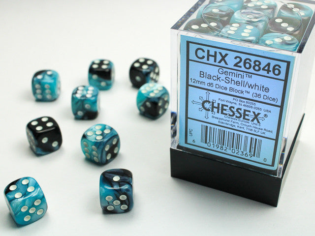Gemini Black Shell w/White - 12mm d6 Dice Block (36) - Chessex