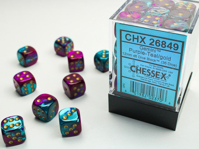 Gemini Purple Teal w/Gold - 12mm d6 Dice Block (36) - Chessex