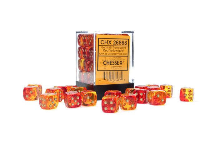 Gemini Translucent Red Yellow w/Gold - 12mm d6 Dice Block (36) - Chessex