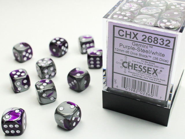 Gemini Purple Steel w/White - 12mm d6 Dice Block (36) - Chessex