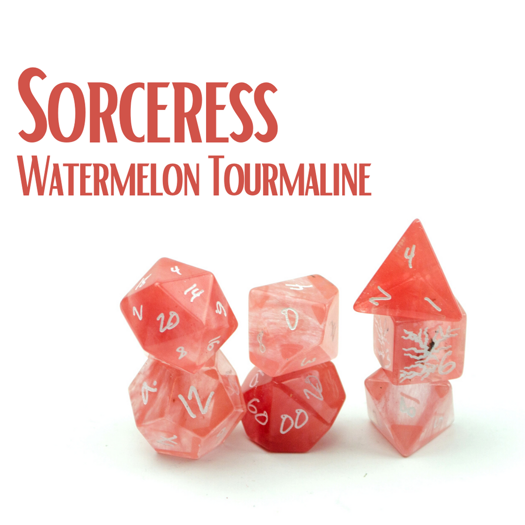 Sorceress - Watermelon Tourmaline - Polyhedral Dice Set (7) - Level Up Dice